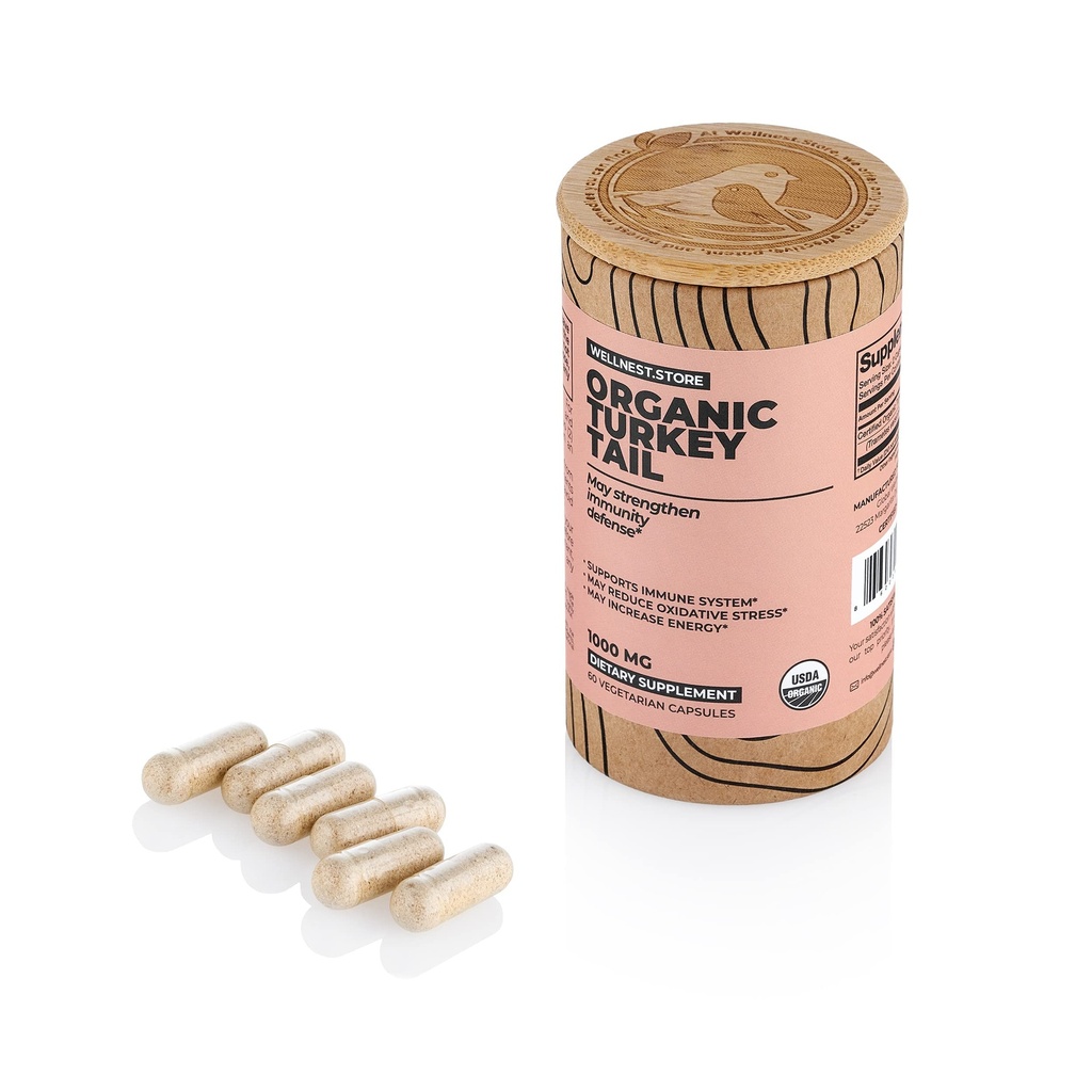 Turkey Tail Mushroom Organic (Trametes Extract) 60 capsules de légumes - Supplément de soutien immunitaire; favorise la croissance des bactéries bénéfiques dans le Gut + stimule l'énergie