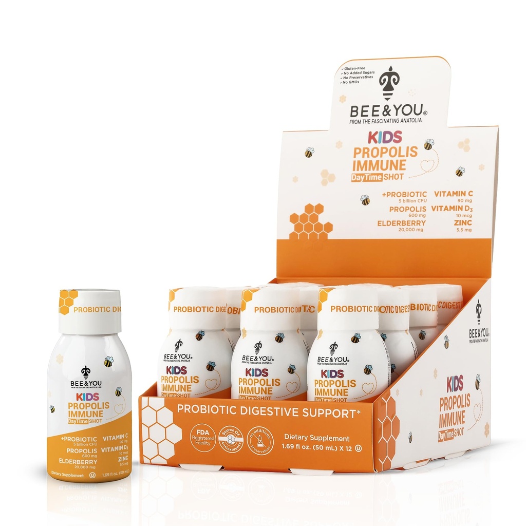Bee and You Kids Propolis Immune Day Time Shot - Probiotica, Vitamine C, Vitamine D3, Zink, Immune Support, Gut Health, Digestieve Gezondheid, 1,69 Fl. oz, 12 Pack