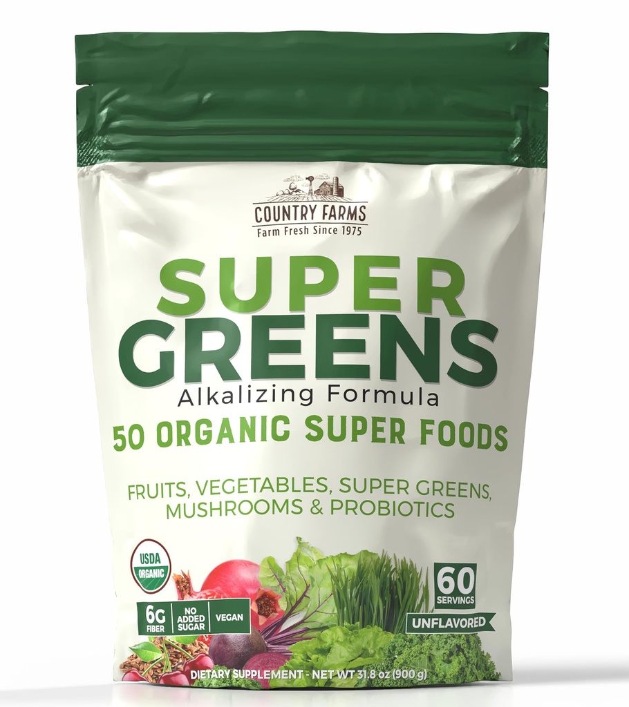 Country Farms Super Greens Natural Flavor, 50 Organic Super Foods, USDA Organic Drink Mix, Fruit, Groenten, Super Greens, met vezels, Paddenstoelen & Probiotica, Ondersteunt Energie, 60 Servings, 900g