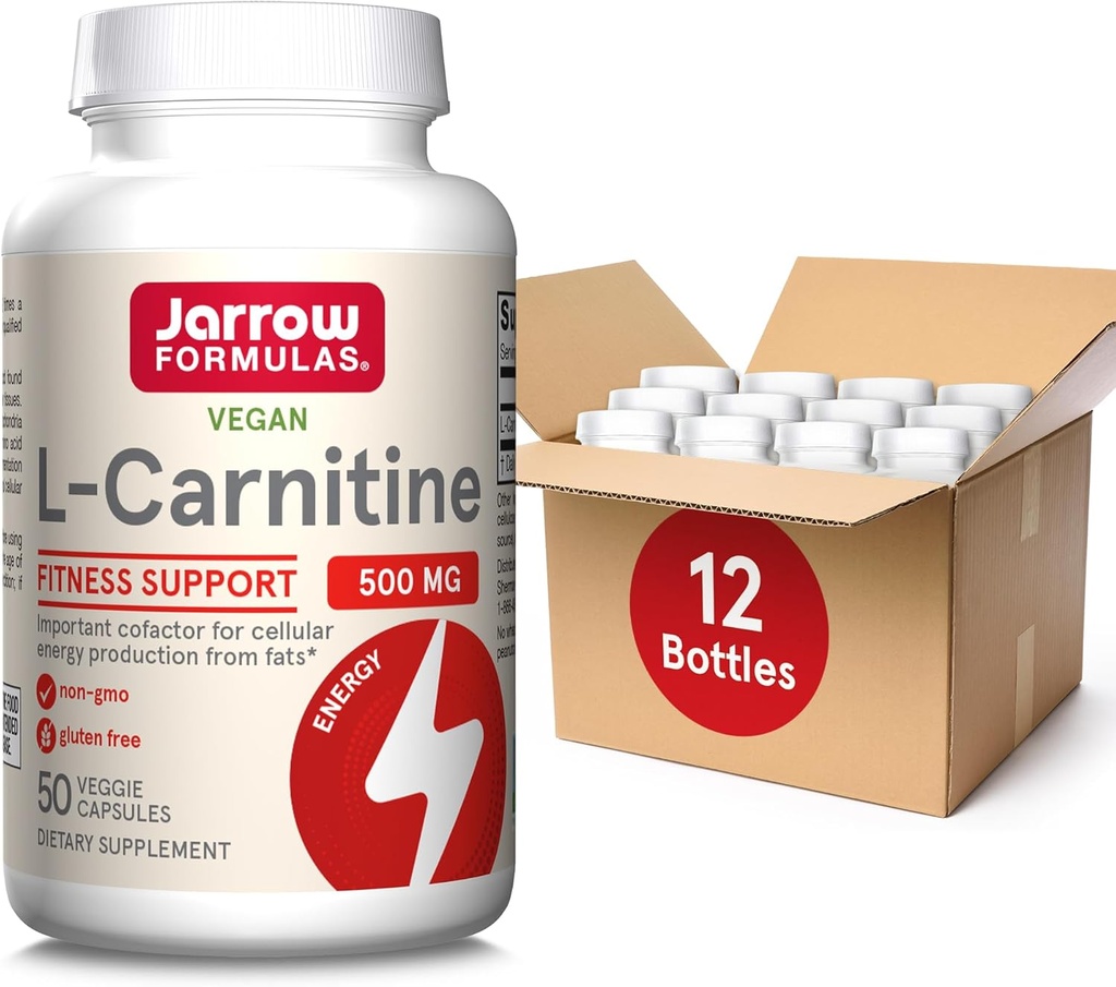 Formules de Jarrow L-Carnitine 500 mg, supplément alimentaire, soutien à la production d'énergie cellulaire, 50 capsules de légumes, 50 jours par jour (paquet de 12)