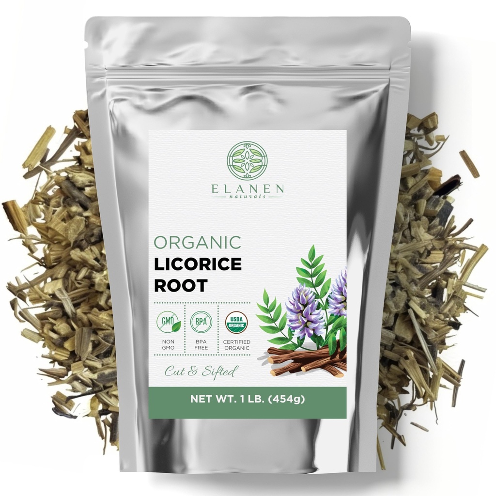 Elanen Naturals Biologische Licorice Root 1 lb. (16 oz.), USDA Certified Biologische Licorice Root Tea, Licourice Bulk Chopped, Liquorice, Raiz de Regaliz Licrice, Glycyrrhiza glabra, Cut & Sifted