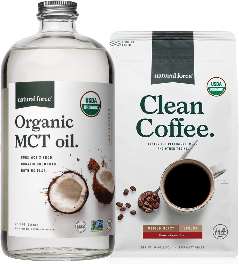 Natural Force Organic Ground Clean Coffee + Organic MCT Oliebundel 100% Pure Kokosnoot MCTs & Mold & Mycotoxine Free Coffee Niet-GMO, Keto, Paleo en Vegan - 10 Oz Bag en 32 Oz Glasfles