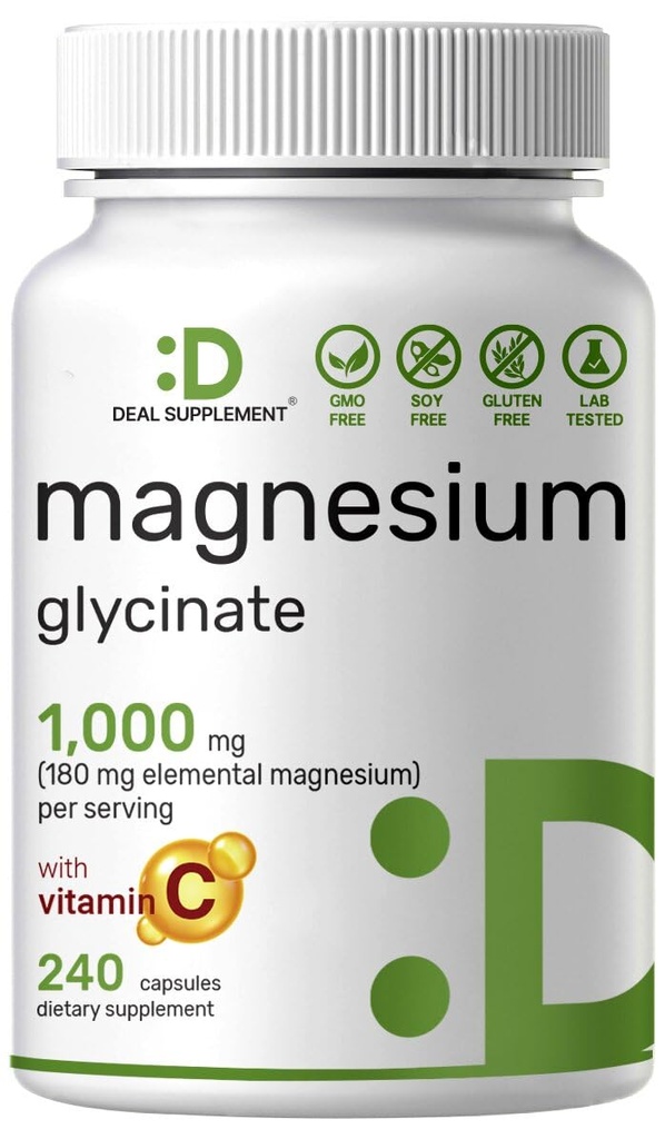 Magnesium Glycinate 500mg per capsule (1000mg per portie) Plus vitamine C, 240 capsules 