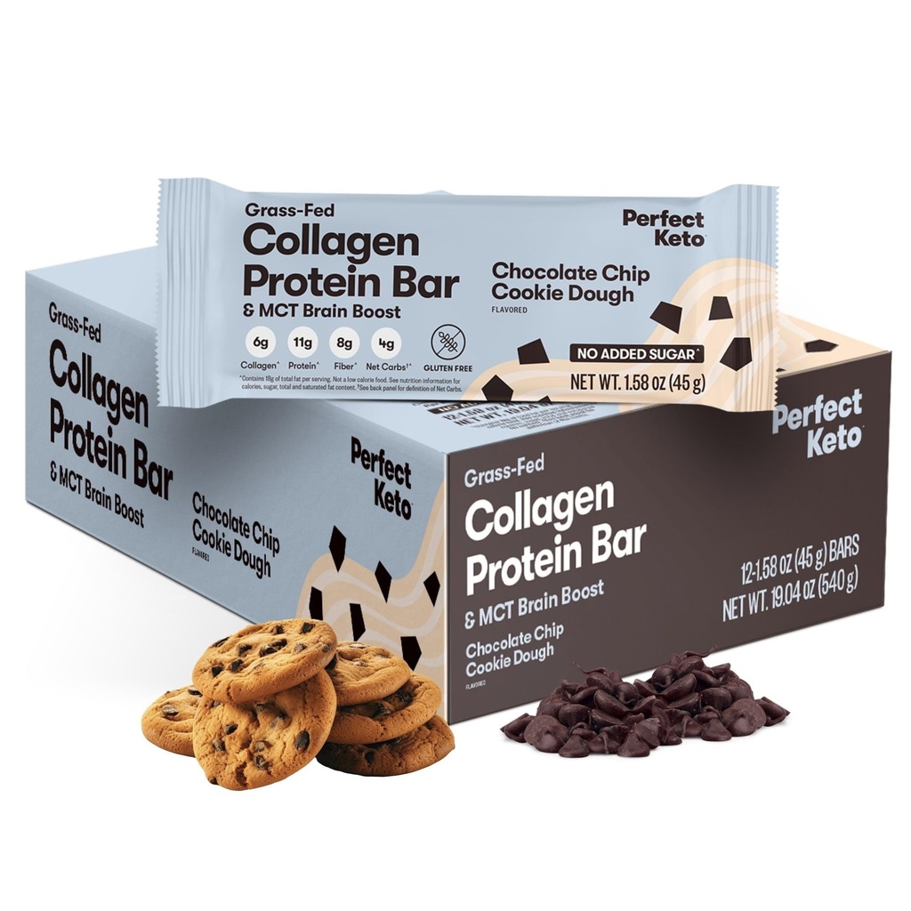 Perfect Collageen proteïnerepen, Glutenvrij Gras Fed Collageen + MCT Olie, Low Carb, Geen suiker toegevoegd, High Protein Snacks, Keto Diet Foods, 11g Proteïne, 18g Vet, 3g Net Carbs, Chocolade Chip, 12 Bars