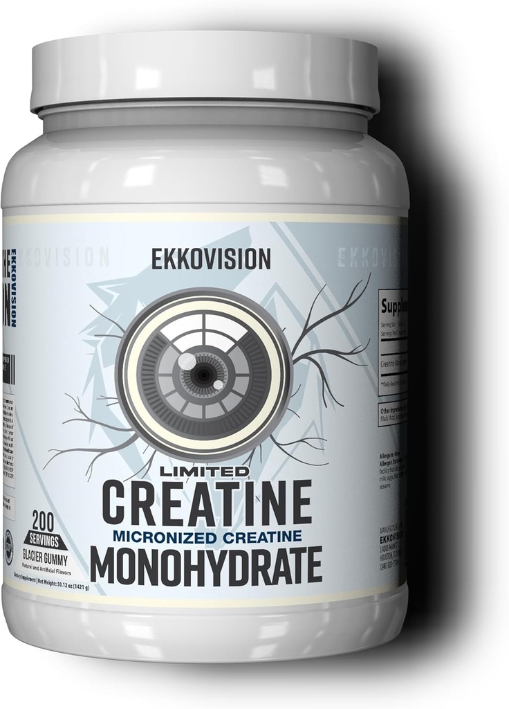 Ekkovision Creatine Monohydraat poeder, Micronized, Glacier Gummy, Pre Workout & Post Workout Supplement voor mannen en vrouwen, energie ondersteuning, gemakkelijk te mengen in schudden, smoothies & Dranken, 200 porties