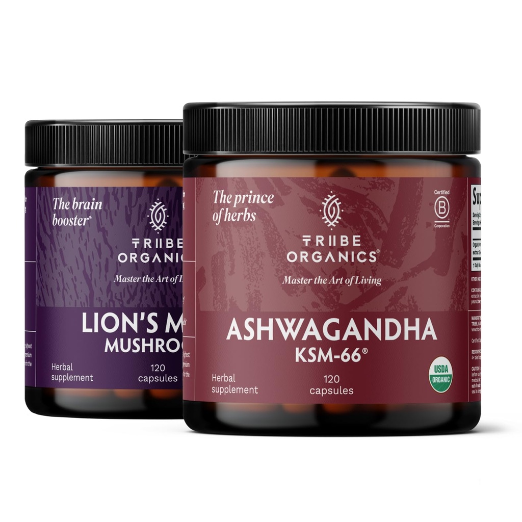 TRIBE ORGANISCS NOOTROPIC Duo - KSM66 Ashwagandha + Biologische Leeuwen Mane - Beyond Focus, Mind Awareness and Mind Health