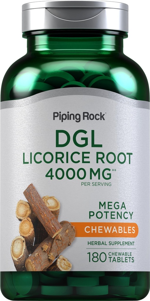 Piping Rock DGL Licorice Comprimés à mâcher 4000mg environ 180 Nombre Mega Potency Déglycyrrhizinisé.