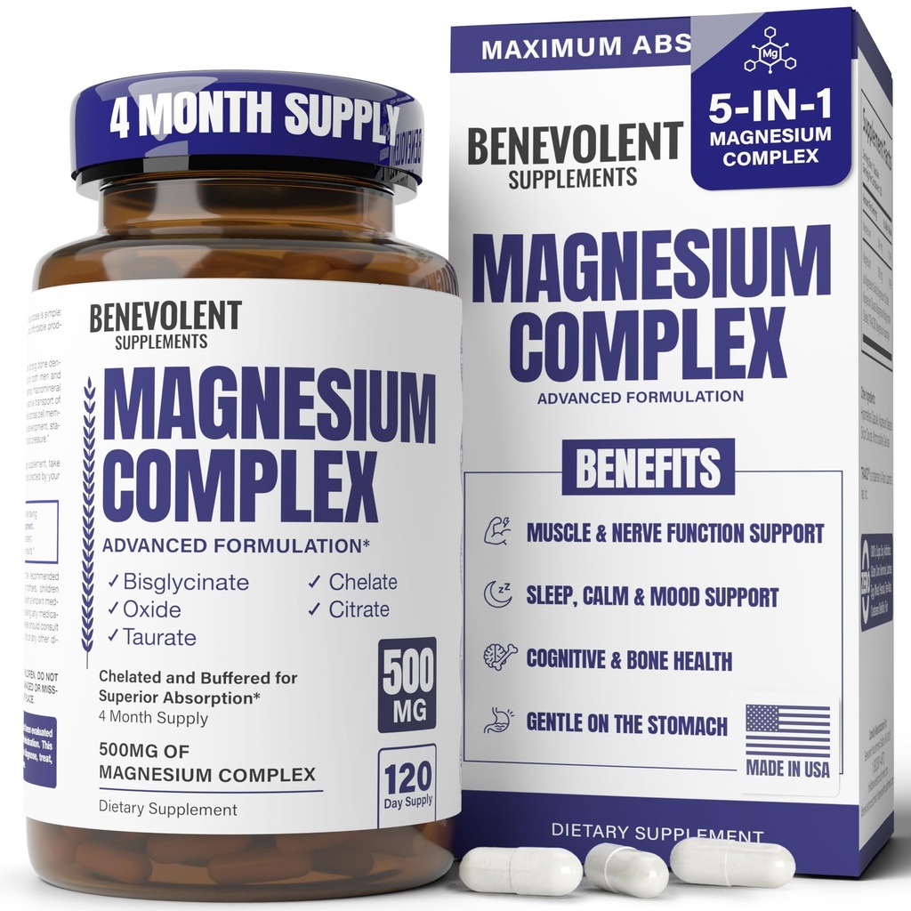 Premium Magnesium Capsules 500mg, High Absorption Formula Chelated Buffered Citrate to Support Digestion, Bone, Sleep & Muscle Health – Magnesium Complex - 120 Capsules