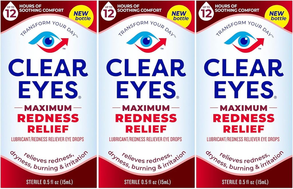Clear Eyes Maximum Redness Eye Relief Eye Drops, 0,5 Fl Oz, Verpakking van 3