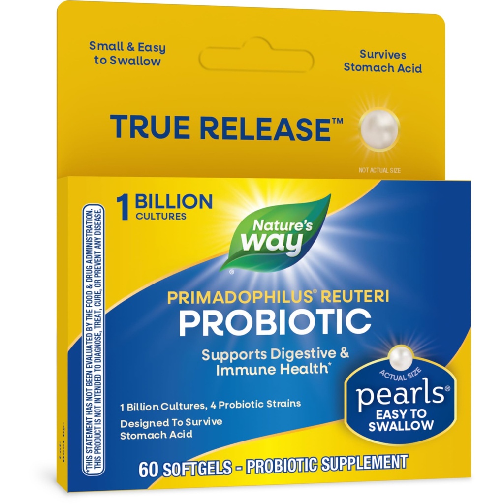 Nature's Way Primadophilus Reuteri Probiotic Parels for Men and Women, Digestief and Immune Health*, 1 Miljard Culture, 4 Probiotic Strains, Survives Mtomach Acid, 60 Softgels