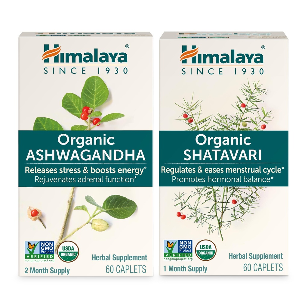 Himalaya Organic Ashwagandha for Energy Support Plus Organic Shatavari for PMS, Menstrual Cramp Relief & Menopause Support, 60 Capsules Elke 