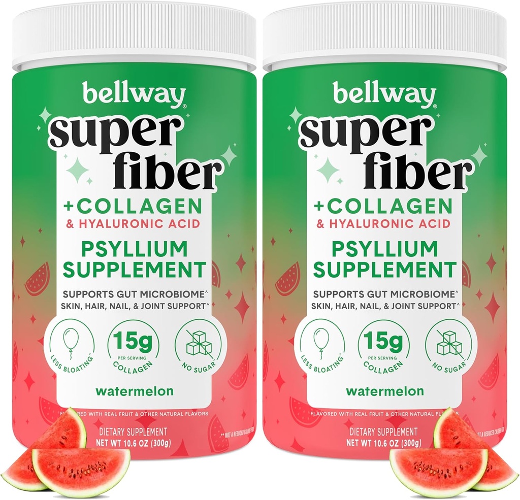 Bellway Super Fiber Powder + Collagen (2 Pack), Sugar-Free Psyllium Husk Powder met Collageen Peptiden en Hyaluronzuur voor Gut Health, gezonde huid, nagels, botten & gewrichten, Watermeloen (21.2 oz)