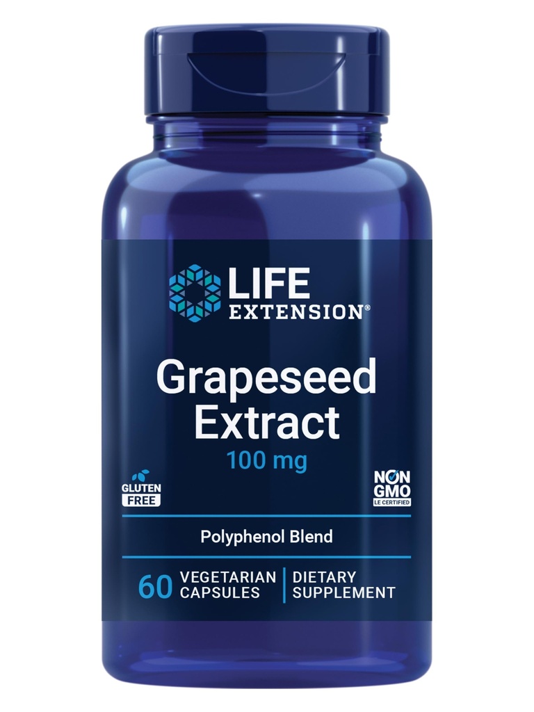 Durée de vie Extrait de graines de raisin, vitamine C, calcium, resvératrol, polyphénols, santé cardiovasculaire, protection antioxydante, sans gluten, non-OGM, végétarien, 60 capsules