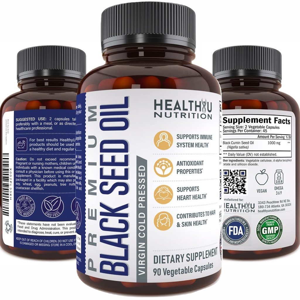Premium Black Cumin Seed Oil Capsules - Virgin Cold Pressed Nigella Sativa Black Seed Oil Pillen - Immune Support Supplement - Omega 3 6 9 Vitamine E Blackseed for Nails Hair Skin 1000 mg p/Serving