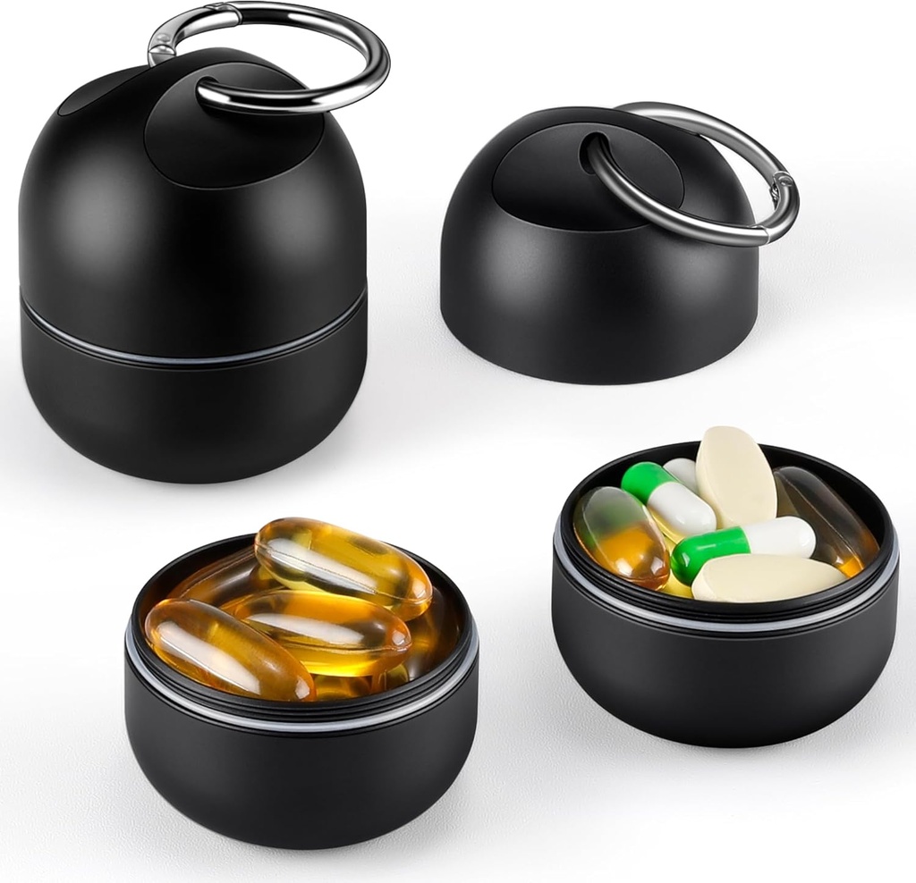 Zannaki Petit porte-clés portable simple boîte à pilules - Boîtier organisateur de la pilule de voyage quotidienne en métal, bouteille de support de pilule imperméable, mignon supplément de vitamine de médecine porte-conteneur pour la poche ou la Purse, noir
