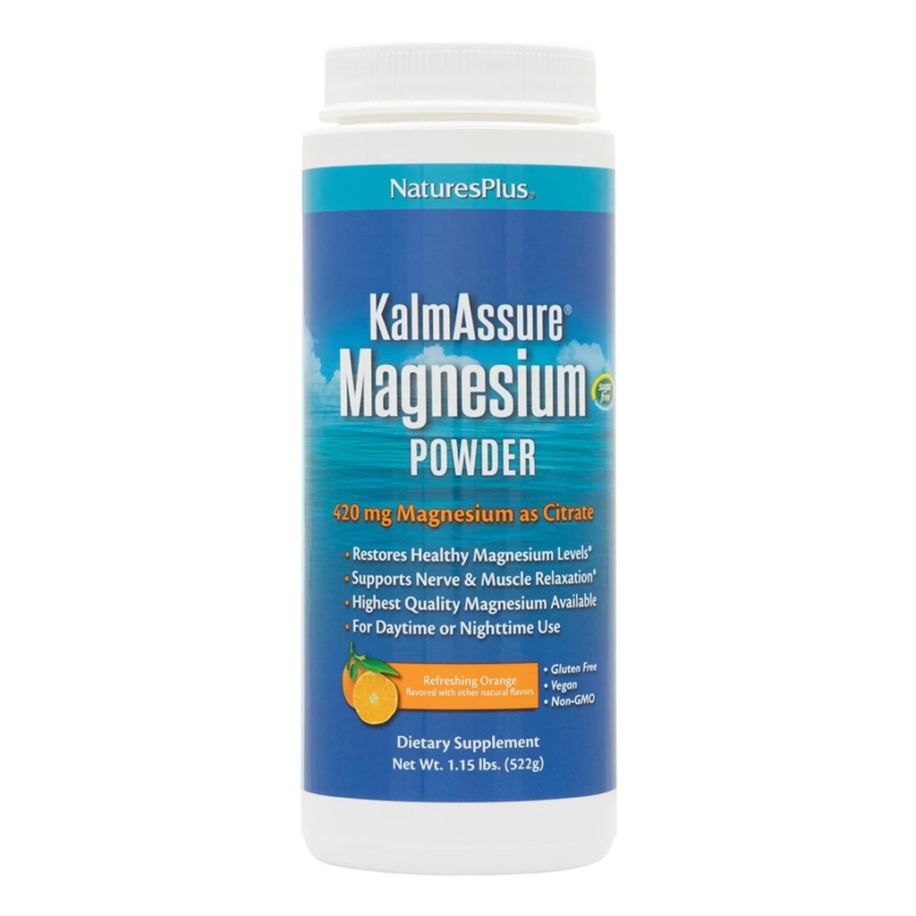 NaturesPlus KalmAssure Poudre de magnésium - 1,15 lb - Arôme orange - Supporte la relaxation nerveuse et musculaire - Non-OGM, sans gluten, végétalien - 60 portions