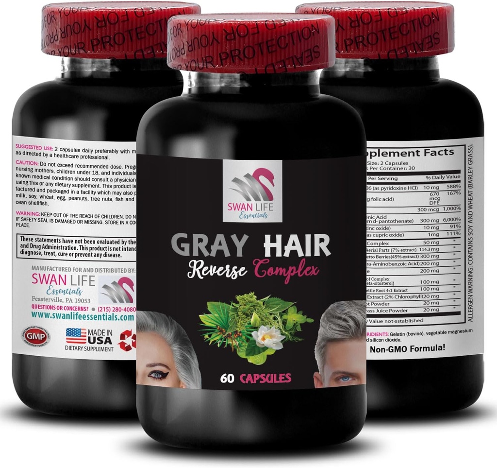 Biotin, amélioration de la couleur - GRAY HAIR REVERSE - restaurer vibratoire, solution de soins capillaires, renouveler la couleur des cheveux, restauration de la couleur, amélioration de la tonalité des cheveux, cheveux défiant l'âge, couleur des cheveux vibrants 1Bot 60Caps