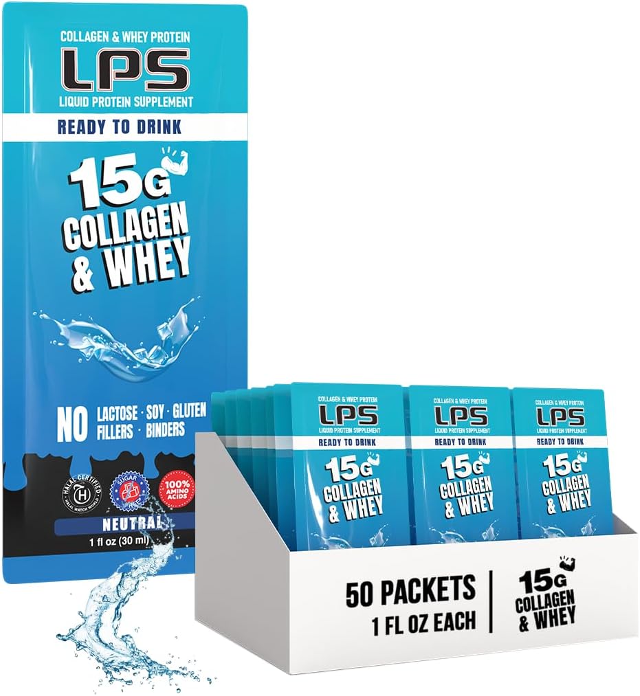 LPS Liquid Collagen & Whey Protein Supplement - boisson non-OGM, sans sucre - favorise la santé de la peau et des cheveux pour les hommes et les femmes, neutre, simple service (50 paquets)