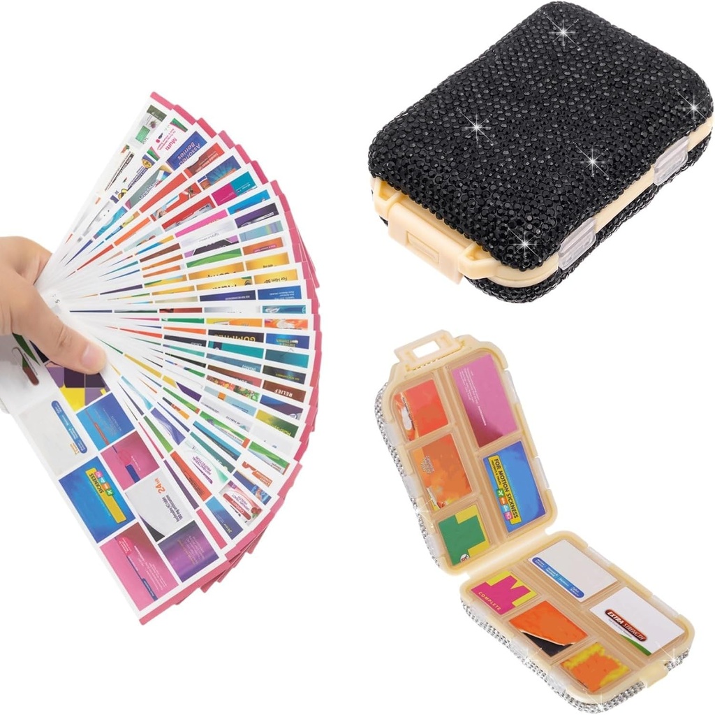Pill Travel Case avec étiquettes Bling Portable Pill Container Mini Pill Box for Purse Small Medicine Organizer Holder for Supplement Vitamin Medicating Women (Black & 300 étiquettes)