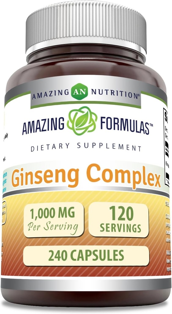 Verbazingwekkende Formules Ginseng Complex - 1000 Mg per portie, Capsules (Non-GMO,Gluten Free) Ondersteunt gezond immuunsysteem - Ondersteunt energieproductie - Boosts Mental Alertness. (240 Tel.)