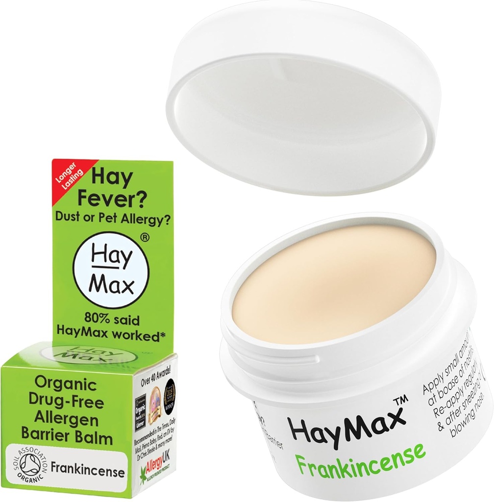 Baume de barrière d'allergène de HayMax - Encens 0.17 fl oz - Bio, naturel et non somnolent Baume de lutte contre la fièvre et l'allergie - Blocs Particules de pollen et d'allergène - Idéal pour les adultes, les enfants et les femmes enceintes