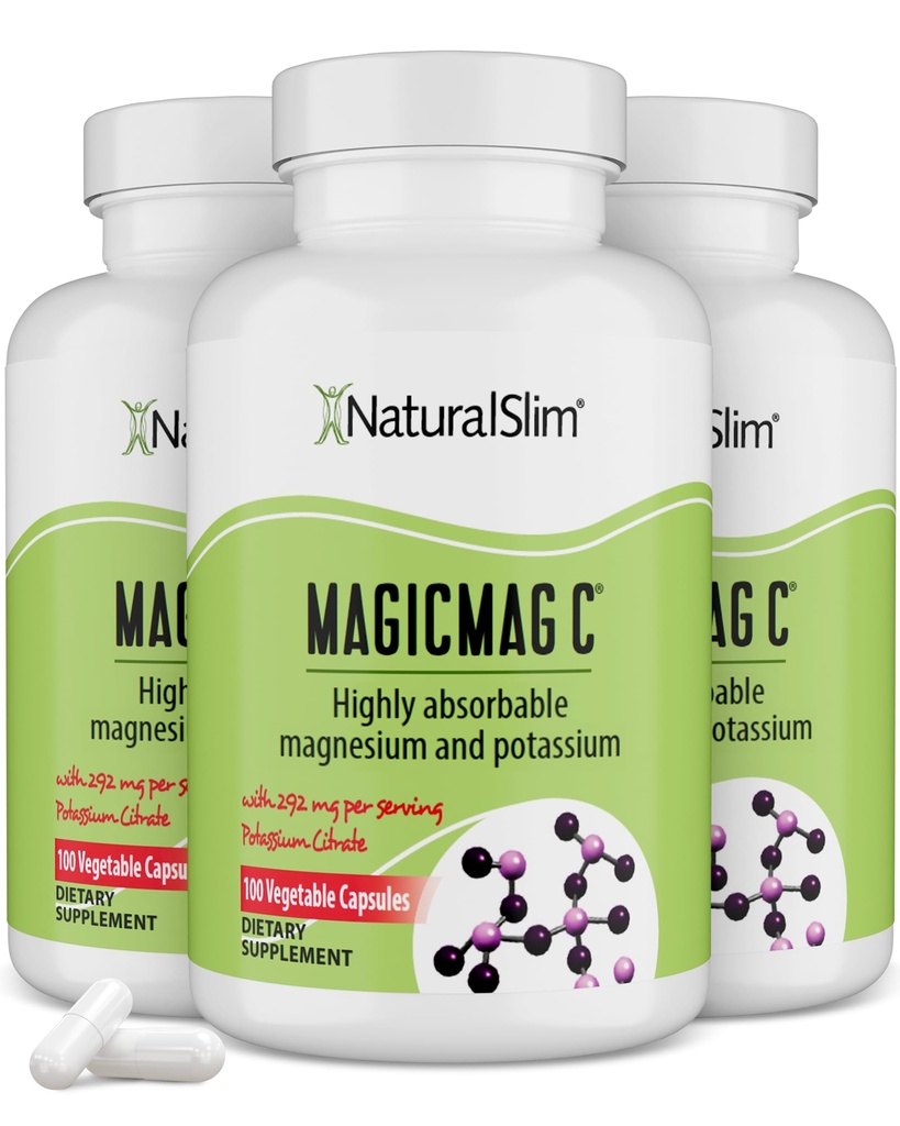 MagicMag C door NaturalSlim, Magnesium Citrate met Kalium voor spierontspanning, Slaapkwaliteit, Zenuwfunctie & Electrolyte Ondersteuning, Dagelijks Magnesium Supplement voor mannen en vrouwen, 100 Capsules 3pk