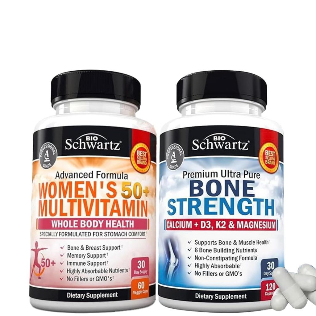 BioSchwartz Daily Multivitamine voor vrouwen 50 & meer (1 maand supply) Plus Bone Strength Mineral Supplement met Calcium en Magnesium (1 maand supply)