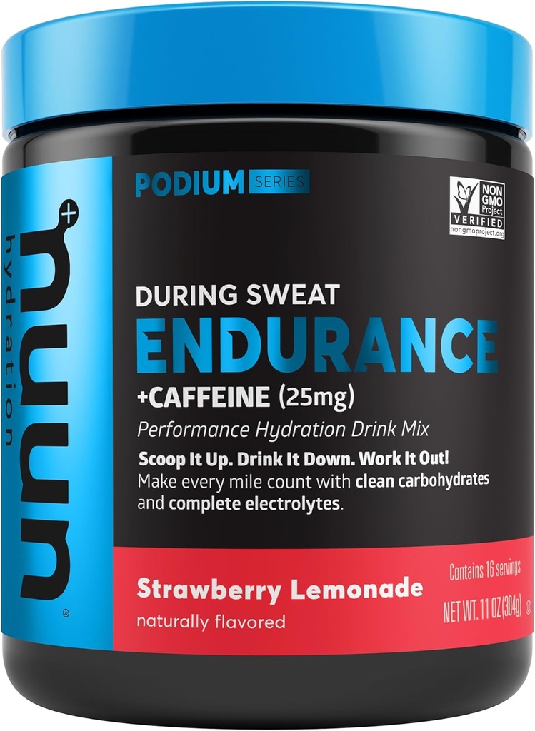 Nuun Hydration Endurance Powder, Strawberry Limonade + Cafeïne, Workout Support, 5 Essentiële Elektrolyten voor Hydration + Koolhydraten, Vegan, Non-GMO, (16 Servers - Canister)