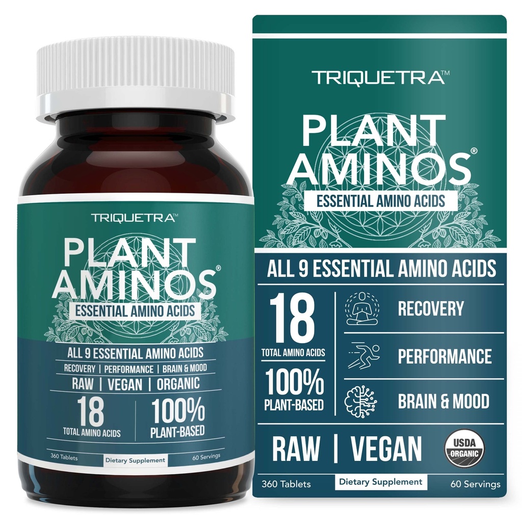 Plant Aminos Organic Essential Amino Acid Supplement (EAA's) & BCAA - 100% Plant Based Raw, Vegan - All 9 Essential Amino Acids with 18 Total Amino Acids (360 Tablets)