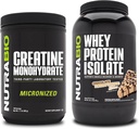 NutraBio Créatine monohydratée, non aromatisée, 500g et Isolate de protéines de lactosérum, beurre d'arachides au chocolat, supplément - énergie musculaire, croissance musculaire maigre, récupération et force