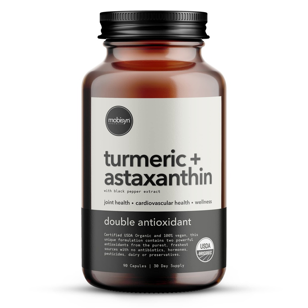 Biologische Astaxanthine 12mg Plus Kurkuma 1500mg, Zwarte peper Extract, Hoge Absorptie, Oog, Hart, Huid, Gewricht, Veganistisch, Glutenvrij, Non-GMO, Dubbel Antioxidant, Kurkuma Supplement, 30-dagen