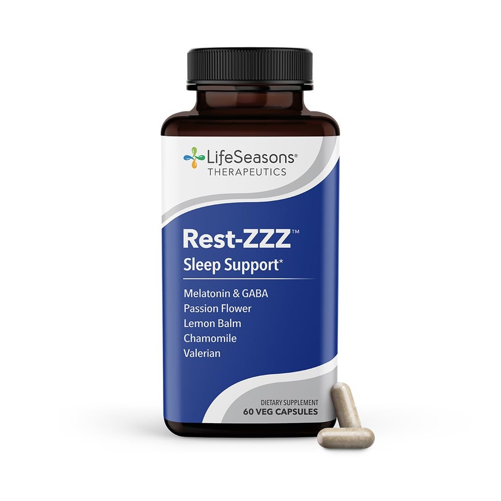 LifeSeasons Rest-ZZZ - Natural Sleep Support Supplement - Val als slaap en blijf slapen - Kalmte zenuwstelsel - Gemakkelijke spierspanning en rusteloosheid - Lage dosis Melatonine GABA & kamille - 60 capsules