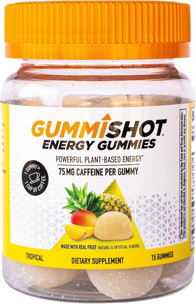 GummiShot Energy Gummies, 1125 mg Plant-Based Cafeine Kauwen per fles, Lange Lasting Energy Boosters, Tropical (15ct)