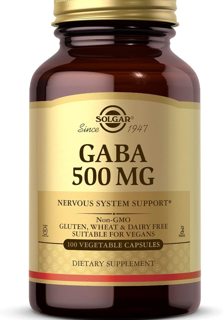Solgar GABA 500 mg, 100 plantaardige capsules - Ontspanning en ondersteuning van het zenuwstelsel - Aminozuur - non-GMO, veganistisch, glutenvrij, zuivelvrij, Kosjer - 100 porties