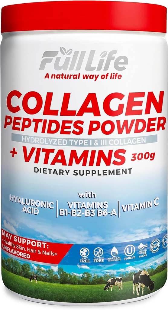 Full Life Collageen Peptides Powder - Bovine Collageen Supplement with Hyaluronic Acid - Hydrolyzed Collageen Powder for Women and Men - Kosher, Gluten-Free - 300g