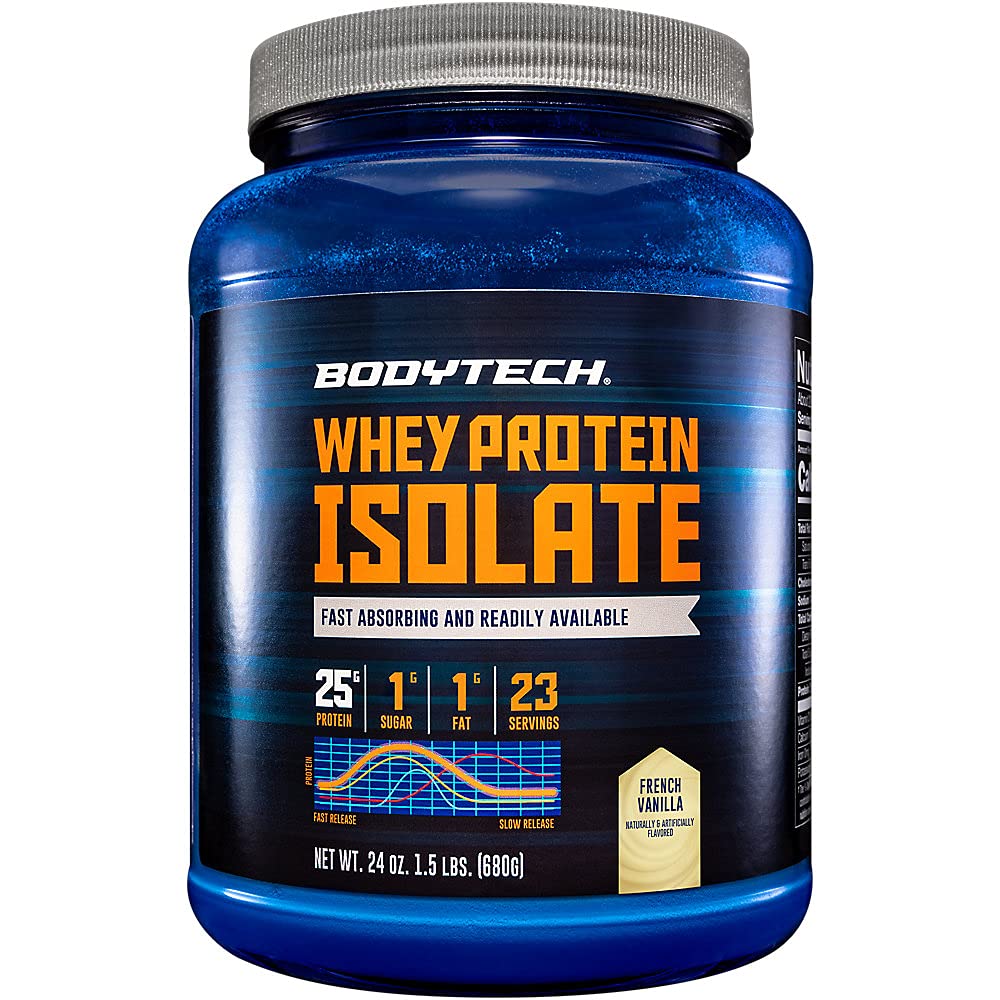 BodyTech Whey Protein Isolate Powder, French Vanilla Flavor, 25g Protein per Serving, High Concentrated Protein Powder with Amino Acids & BCAAs for Men and Women, Gluten Free, 1.5 lb, 23 Servings