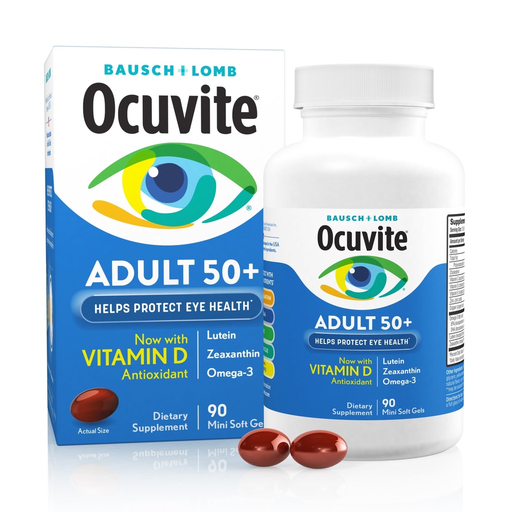 Ocuvite 50+ Eye Vitamin & Mineral Supplement, Multivitamine for Vision & Ocular Health with Omega-3, Zink, Vitaminen C & E, Luteïne & Zeaxanthine, Zinksupplementen voor vrouwen en mannen, 90 Softgels