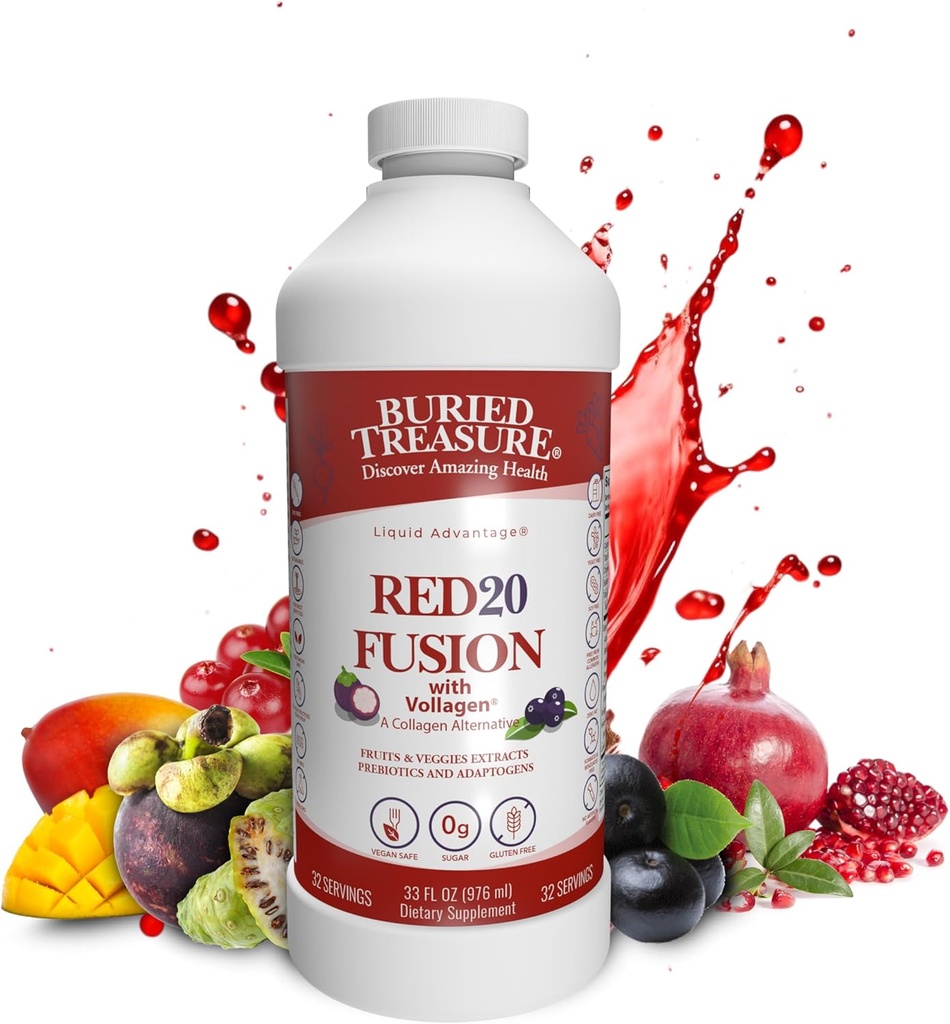 Buried Treasure Red20 Fusion Superfood Blend – Acai, Beets, Blueberry, Fiber, Adaptogens, Lutein, Vegan Vollagen, Natural Energy, Digestion, Eye Health & Wellness Support, 32oz Liquid