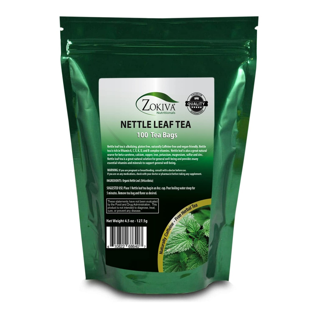 Zokiva Voedingsmiddelen - Nettle Leaf Tea Bags Mega Pack - 100 Premium Quality Handige Biologische Herbal Tea Bags - Cafeïnevrij en Veganistisch-vriendelijk In een hersluitbare Stand Up Zip Lock Pouch