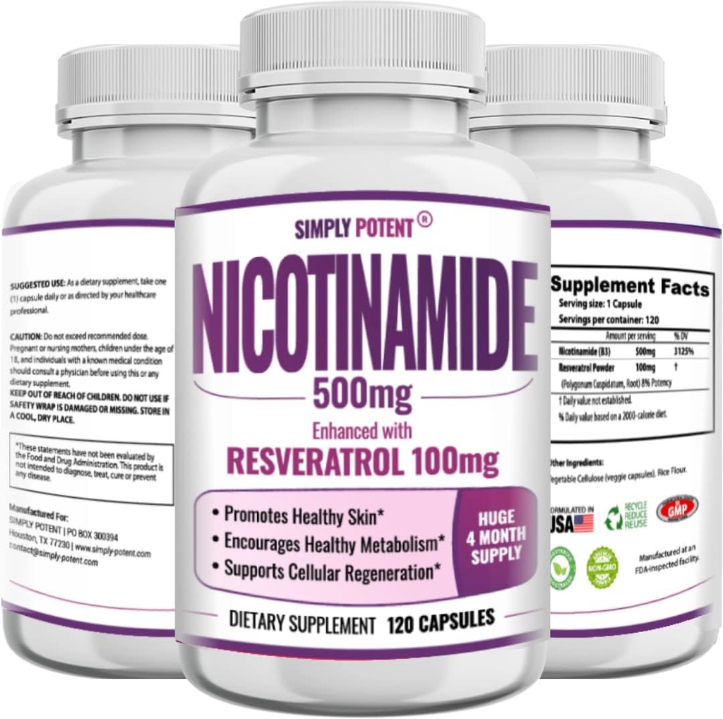 Nicotinamide 500mg met Resveratrol 100mg - 120 Veggie Capsules - Vitamine B3 Supplement Pillen ter ondersteuning van NAD, huidcelgezondheid en energie