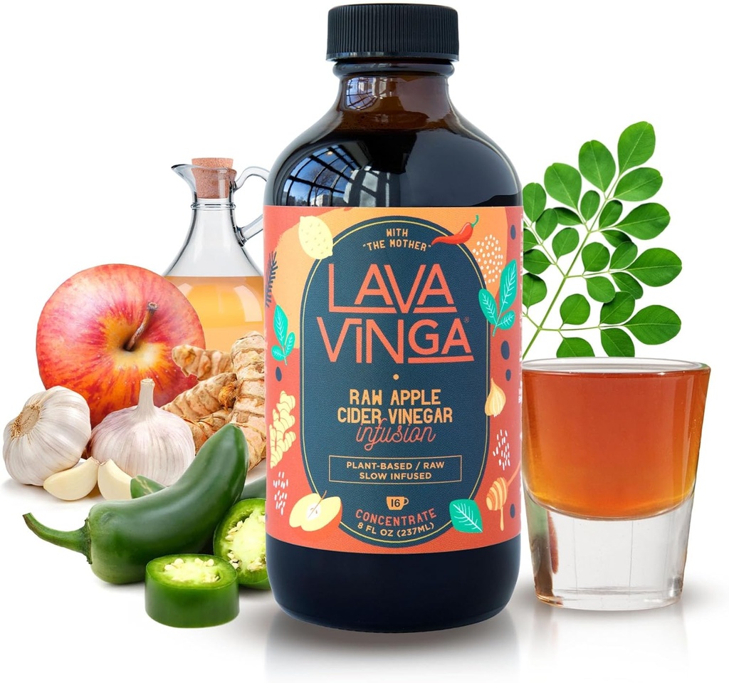 VINGA Lava Raw Apple Cider Vinegar Fire Cider with Cold Pressed Moringa Oleifera, 8 oz., Natural Cold and Flu Remedy and Immune System Booster, Antioxidant Rich Superfood with 92 Essential Nutrients