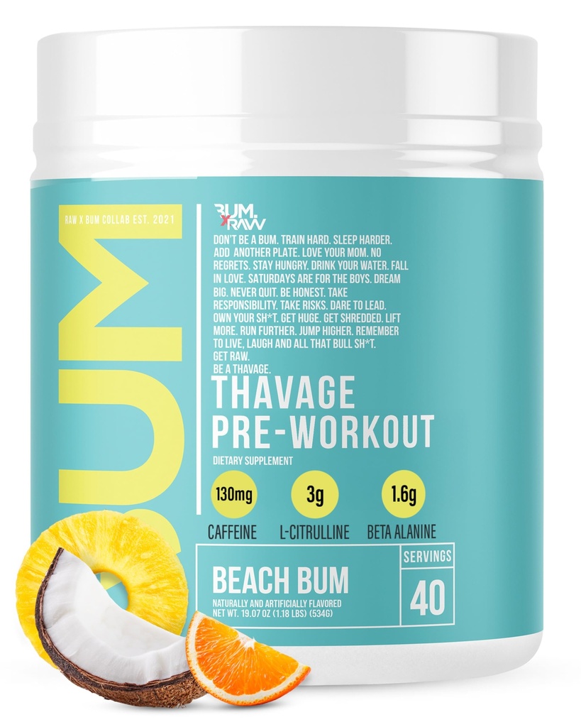 RAW Pre Workout Powder, Thavage (Beach Bum) - Chris Bumstead Sports Nutrition Supplément pour les hommes et les femmes - Cbum Pre Workout pour travailler dehors, l'hydratation, la concentration mentale et l'énergie - 40 portions