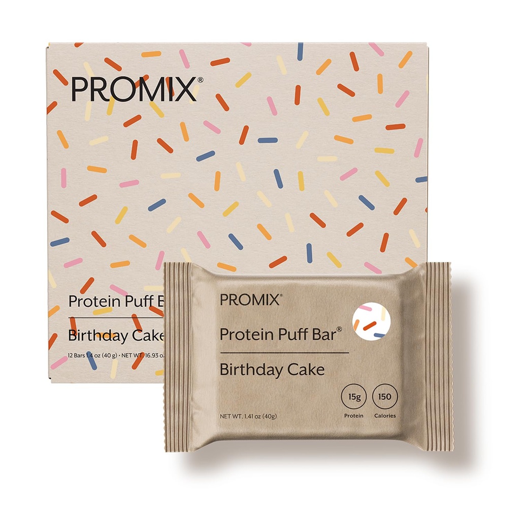 ProMix Nutrition Puff Bars - Cake d'anniversaire - Marshmallow Crispy Treat - Grand Dégustation et Healthy On The Go Snack - Protéines élevées et faible teneur en calories - Sans gluten, soja et maïs - 12 barres