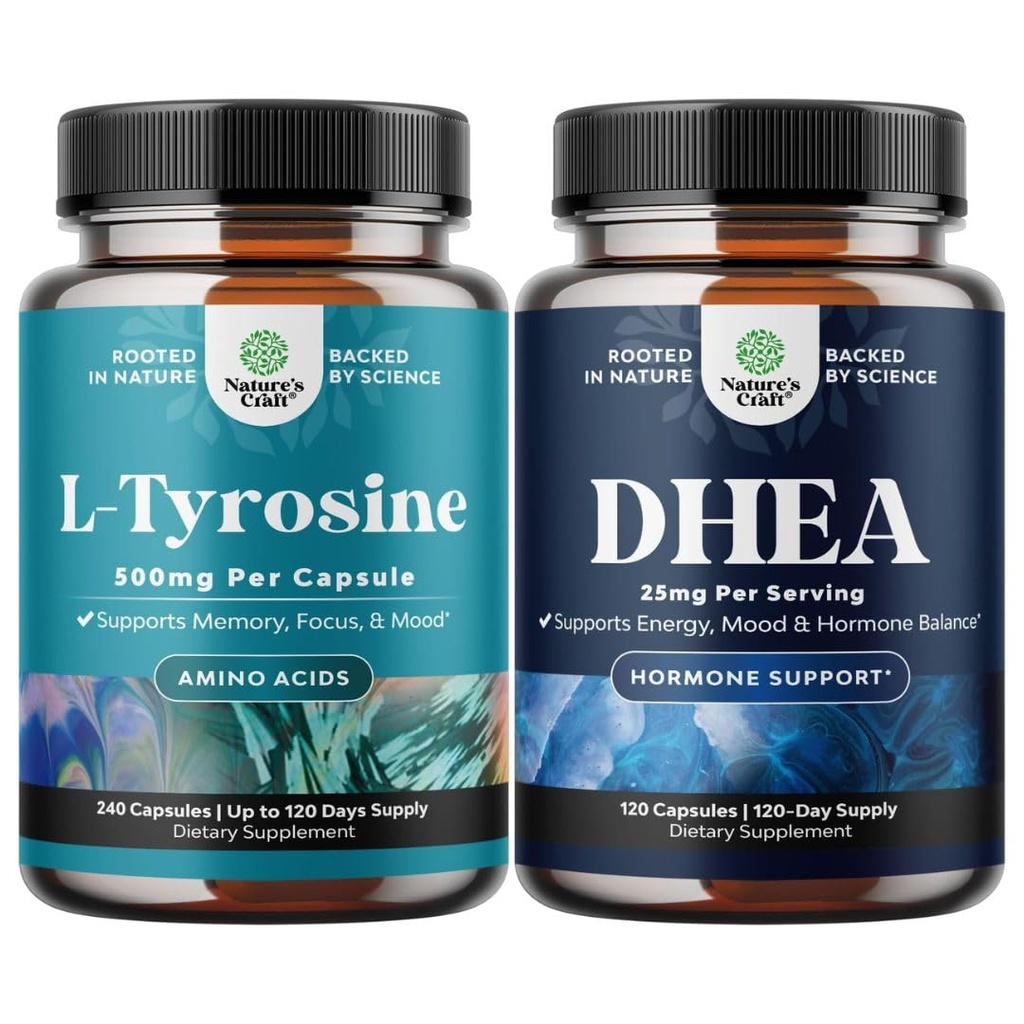 Bundle of Free Form L Tyrosine 1000mg Capsules - Amino Acid Nootropic for Mood Focus Attention & Cognitive Performance and DHEA Supplement for Hormone Balance - Dehydroepiandrosterone for Adults