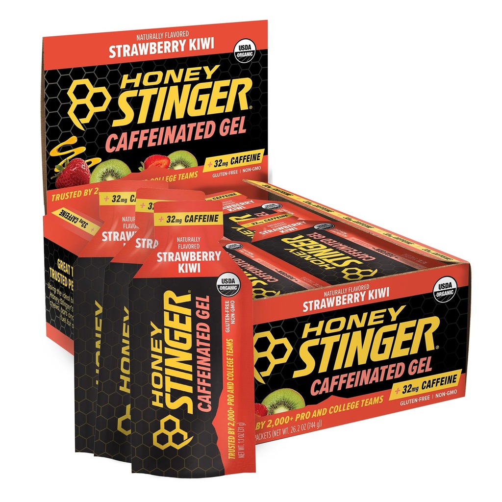 Honey Stinger Strawberry Kiwi Energy Gel, Cafeïnevrij en glutenvrij met biologische honing, voor oefeningen, hardlopen en prestaties, Sportvoeding voor thuis & Gym, Pre en Mid workout, 24 Pack