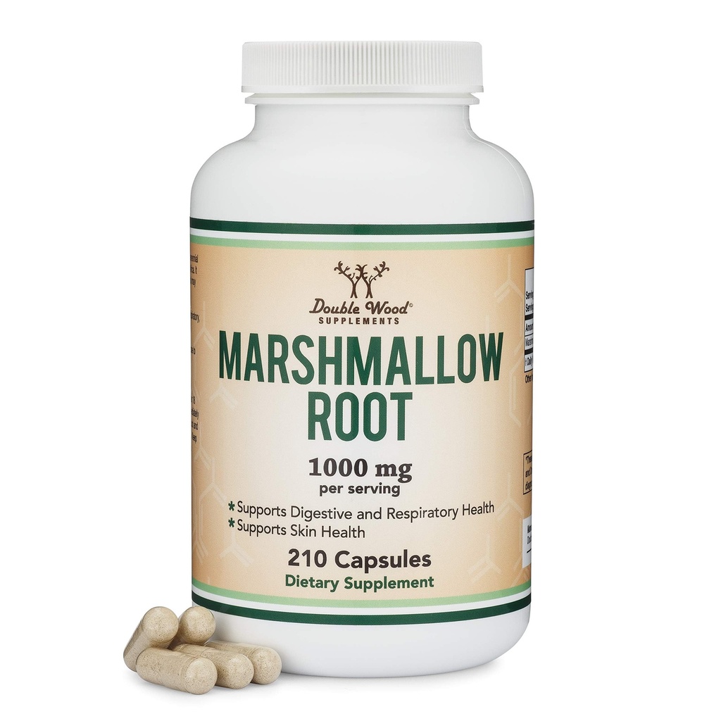 Gélules de racines de marshmallow (210 Nombre, 1 000 mg par portion) Élevée en mucilage pour soutenir la réparation respiratoire, cutanée et gorgée (Vegan Safe, sans gluten) par Double Wood