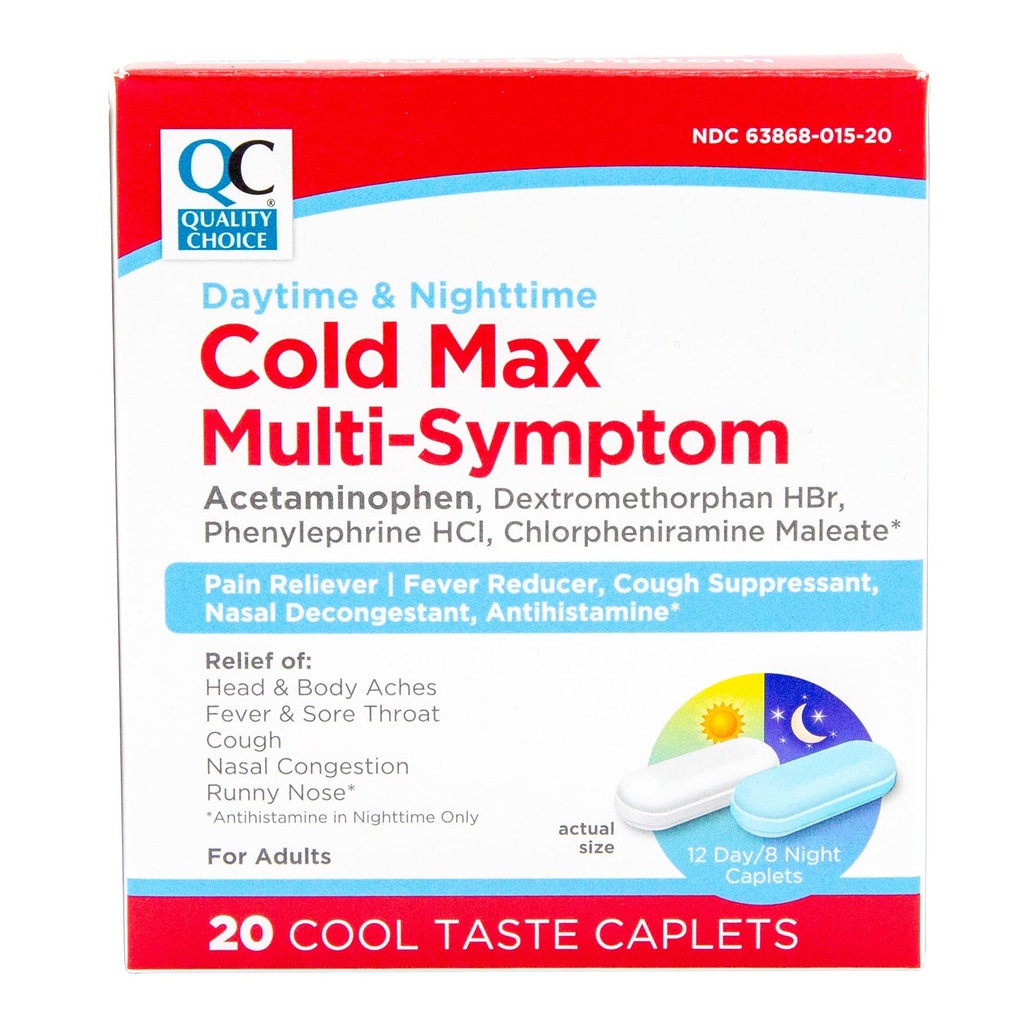 Quality Choice Day & Night Cold Max Multi-Symptom, Cold & Flu Medicine, Pain Reliever, Fever Reducer, Cough Suppressant, Nasal Decongestant, 24-uursrelief Cool Smaak Caplets