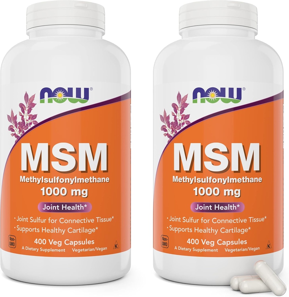Maintenant MSM 1000mg, 400 Capsules de Veg (Pack of 2) Méthyl-Sulfonyl-Méthane, Fabriqué aux États-Unis, Supplément de soufre, Non-OGM, Vegan/Végétarien Friendly