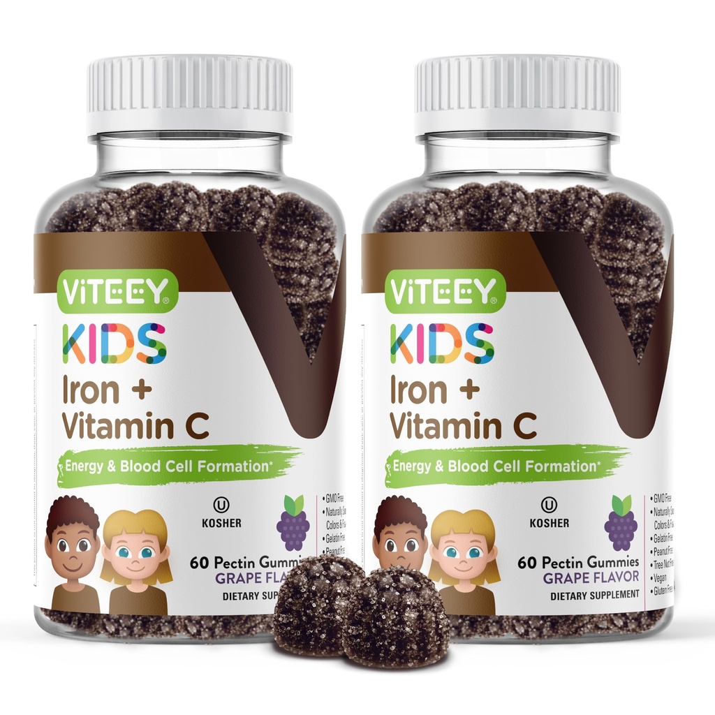 VITEEY Fer pour les enfants avec de la vitamine C - Supporte l'énergie, la formulation de cellules sanguines, le sang Constructeur Anémie Enfants suppléments de fer - Vegan, sans gélatine, sans gluten - Gummy goûté au raisin