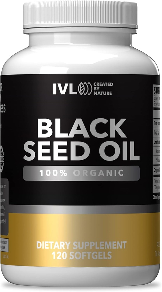 IVL - Biologische Black Seed Oil - 120 Softgel Capsules - (1000mg per portie) - Pure Cold Pressed Nigella Sativa Seed Oil - Omega 3 6 9, Antioxidanten, Thymochinon - Black Seed Oil Liquid Capsules